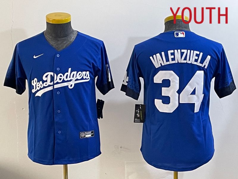 Youth Los Angeles Dodgers 34 Valenzuela 2024 blue jersey 2024112005